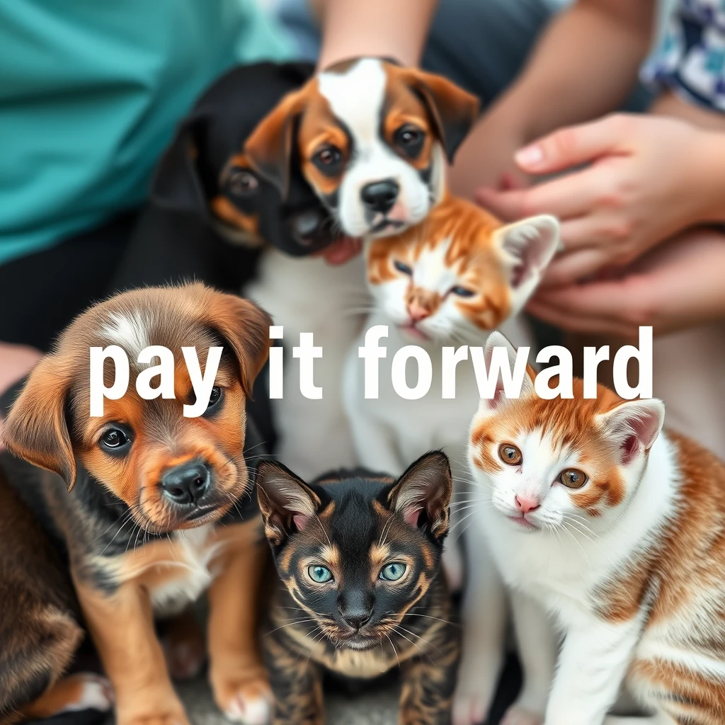 Make a picture of puppies and cats being adopted with a slogan of 'pay it forward' for a pet shelter's pay it forward program for pet sponsorships. - Image