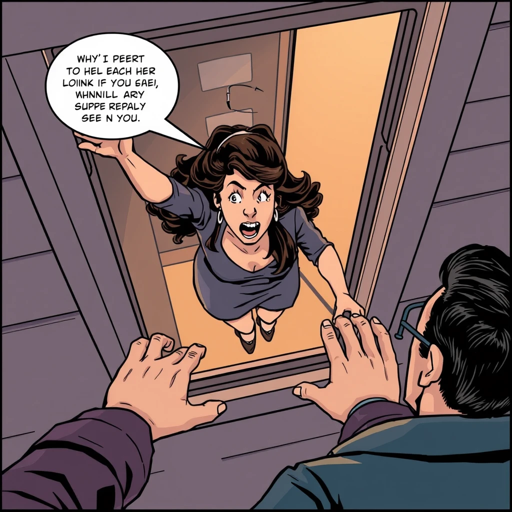 A woman is pushed out of the window by a man; she is panicking, view from above, comic.