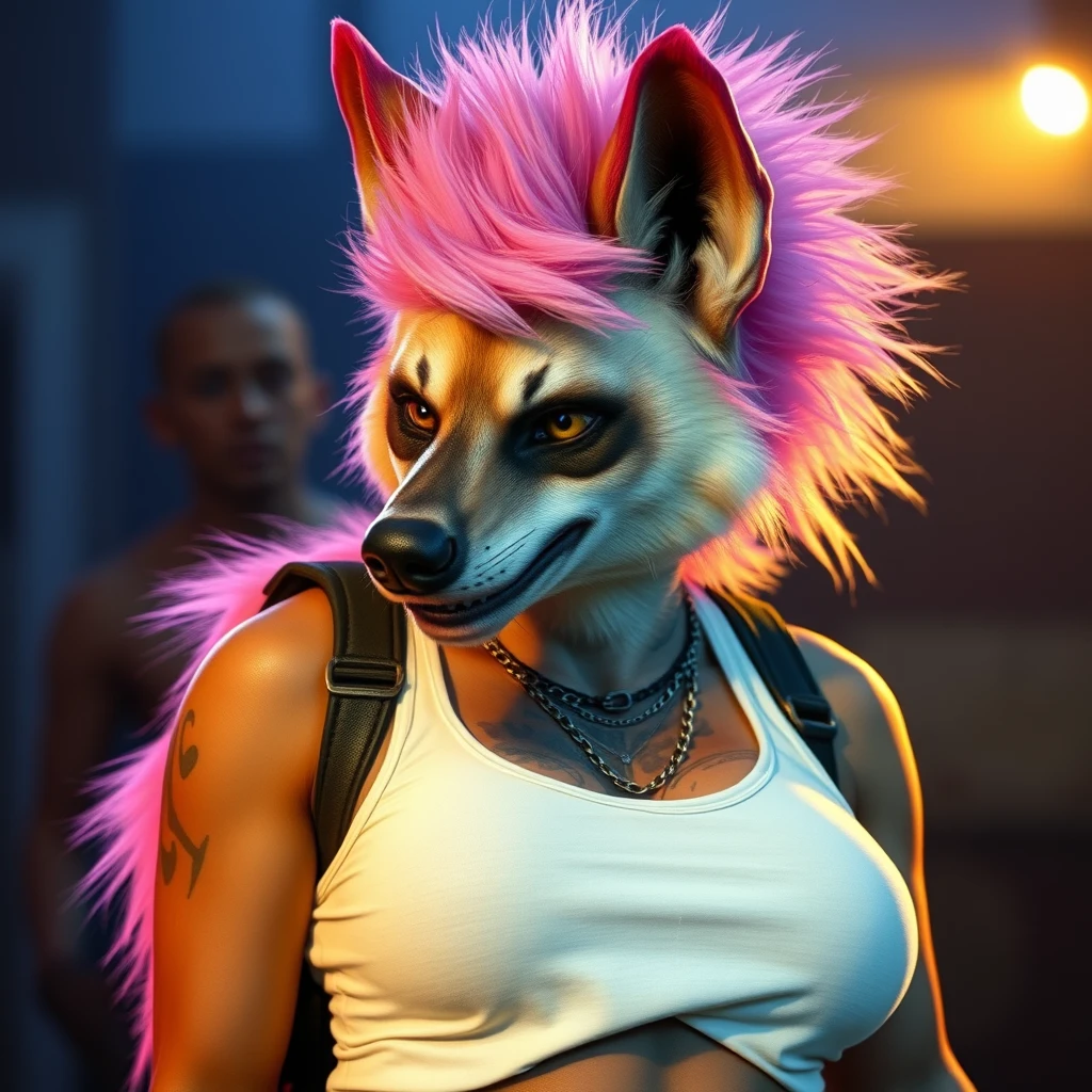 an anthro female hyena, pink fluffy hair, punk, white tank top, clothing, heavy chest, tall, wide hips,