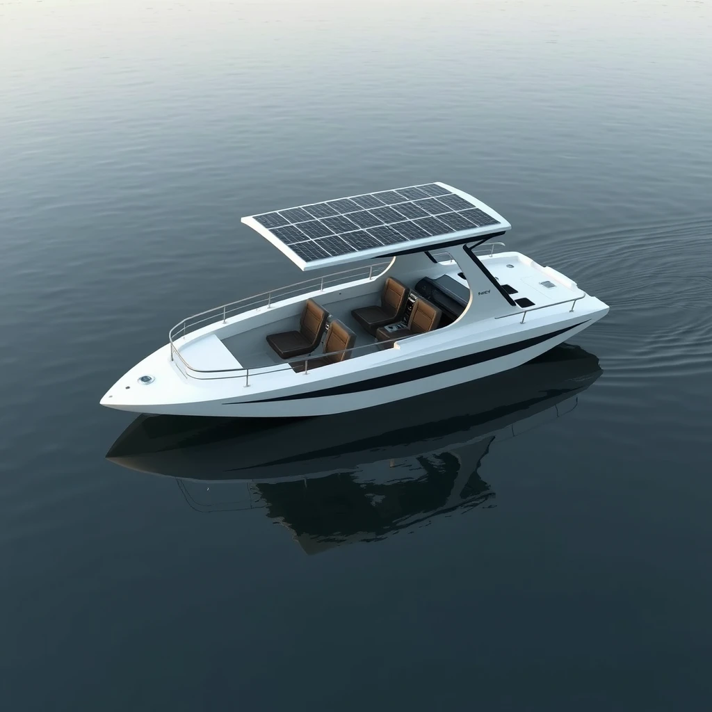 Smart minimalist design of an open hydrodynamic, 5-meter short Catamaran boat with 6 seats, with adequate safety rails, in a calm lake in Kashmir, the platform powered by batteries and thruster pods, with joystick controls on the dashboard, carrying a foldable hard roof with solar panels over it.