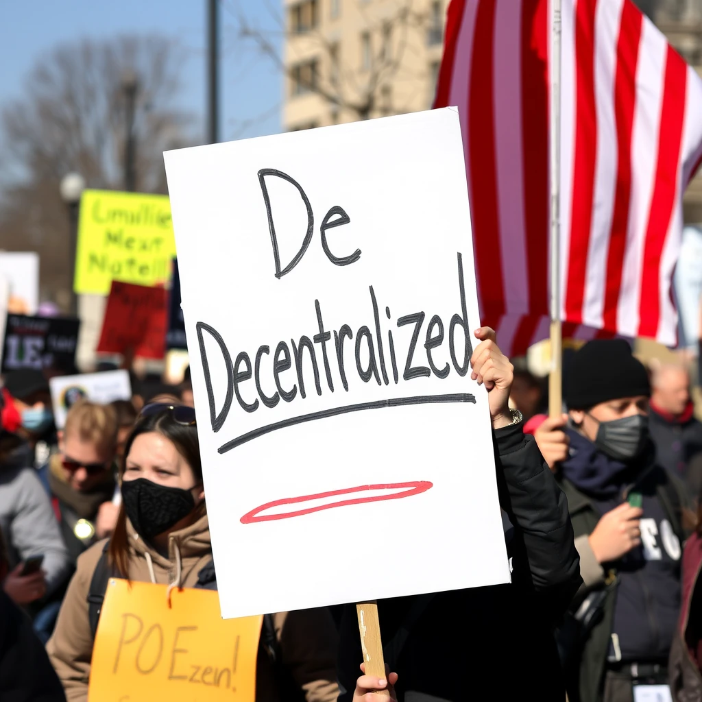 Protesters carry a sign that says "Decentralized".