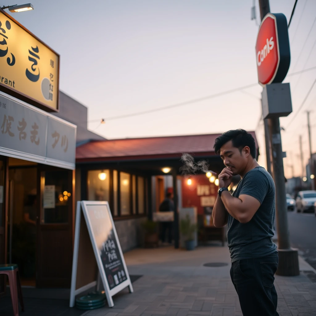 In the evening, a young and strong man is smoking outside a restaurant. You can see his shoes, and there is a sign outside the restaurant with clear wording, which includes Chinese characters or Japanese. - Image