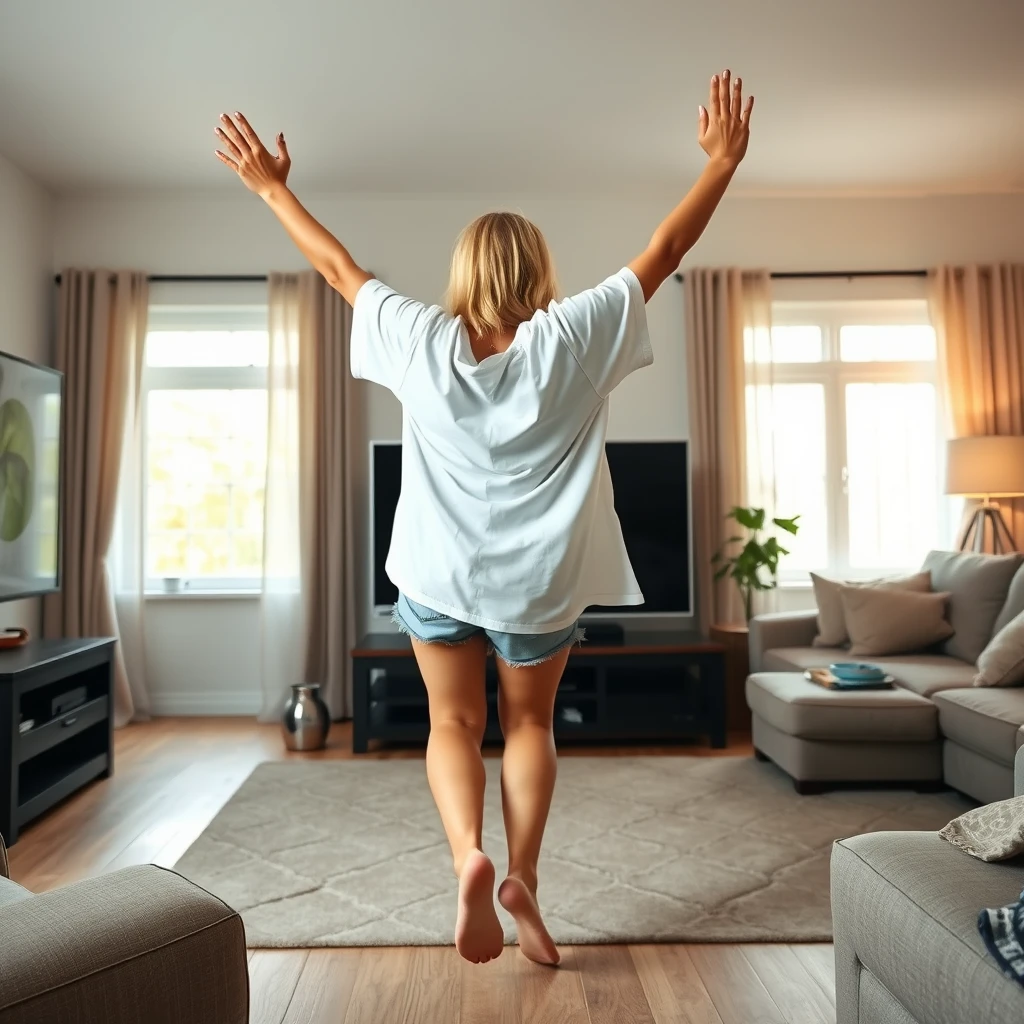 Side view angle of a blonde skinny woman who is in her massive living room wearing a massively oversized white t-shirt which is also very off balance on one of the sleeves for the shoulders and wearing oversized light blue denim shorts. She is wearing no shoes or socks and faces her TV, diving headfirst into it with both arms raised below her head and legs high up in the air. She is at a 60-degree angle and is already halfway through the TV screen. - Image