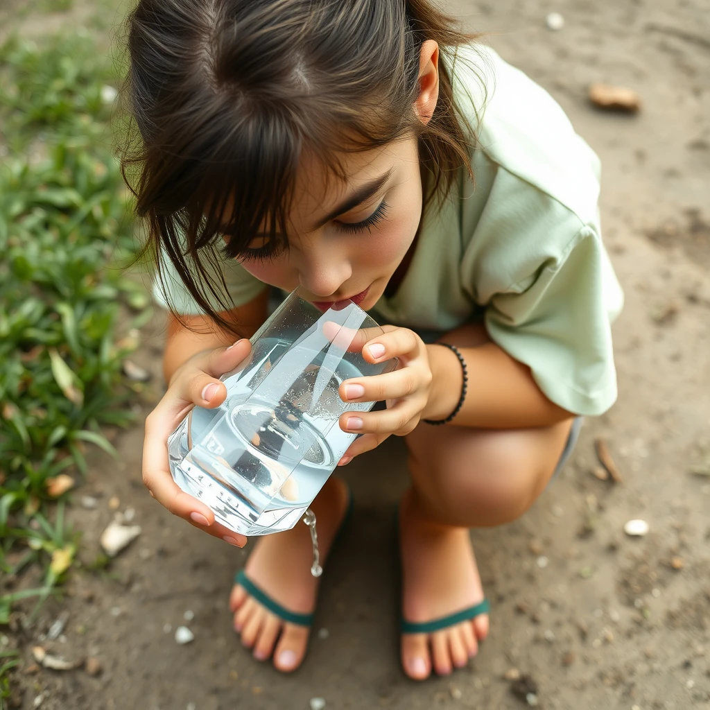 a teen girl drinks water on the ground.