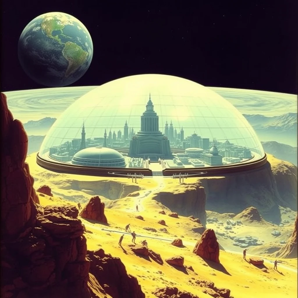 An ultra-futuristic city covered by a 90km diameter, shallow-arc, geodesic glass dome, on the moon, as painted by Syd Mead, with Earth in the background. - Image