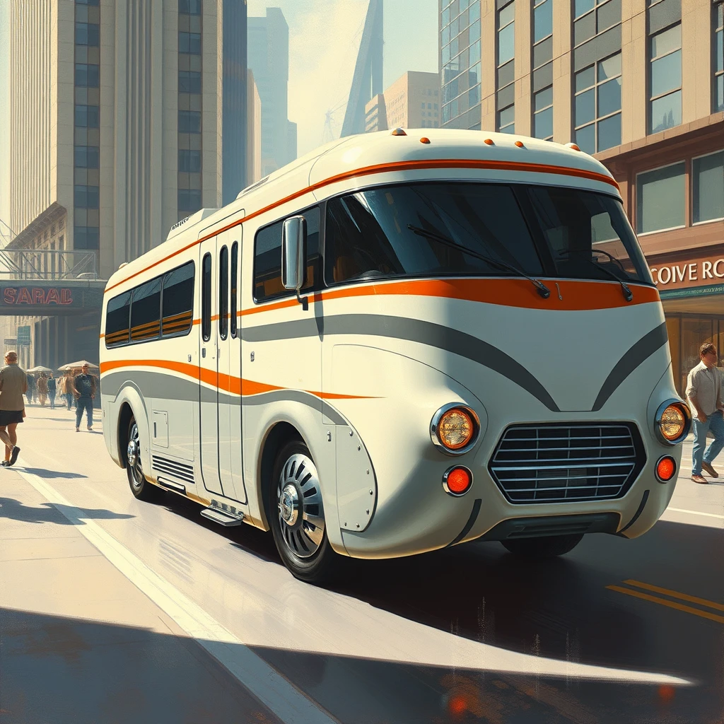 3/4 view, a futuristic high-speed RV concept in a city setting, a painting by Syd Mead, 4k, detailed. - Image