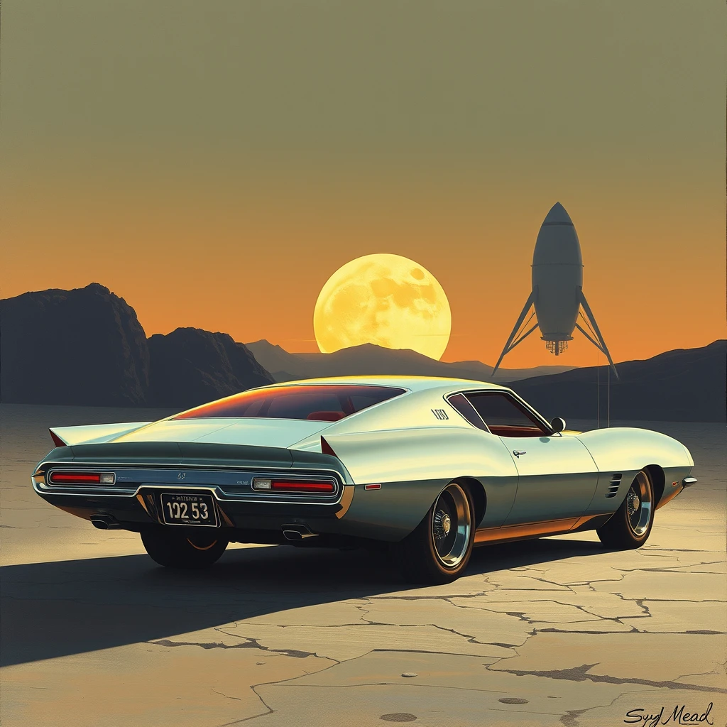 Corner view, a retro-futuristic sports sedan concept, a painting by Syd Mead, sleek, moon setting, lunar lander in the background.