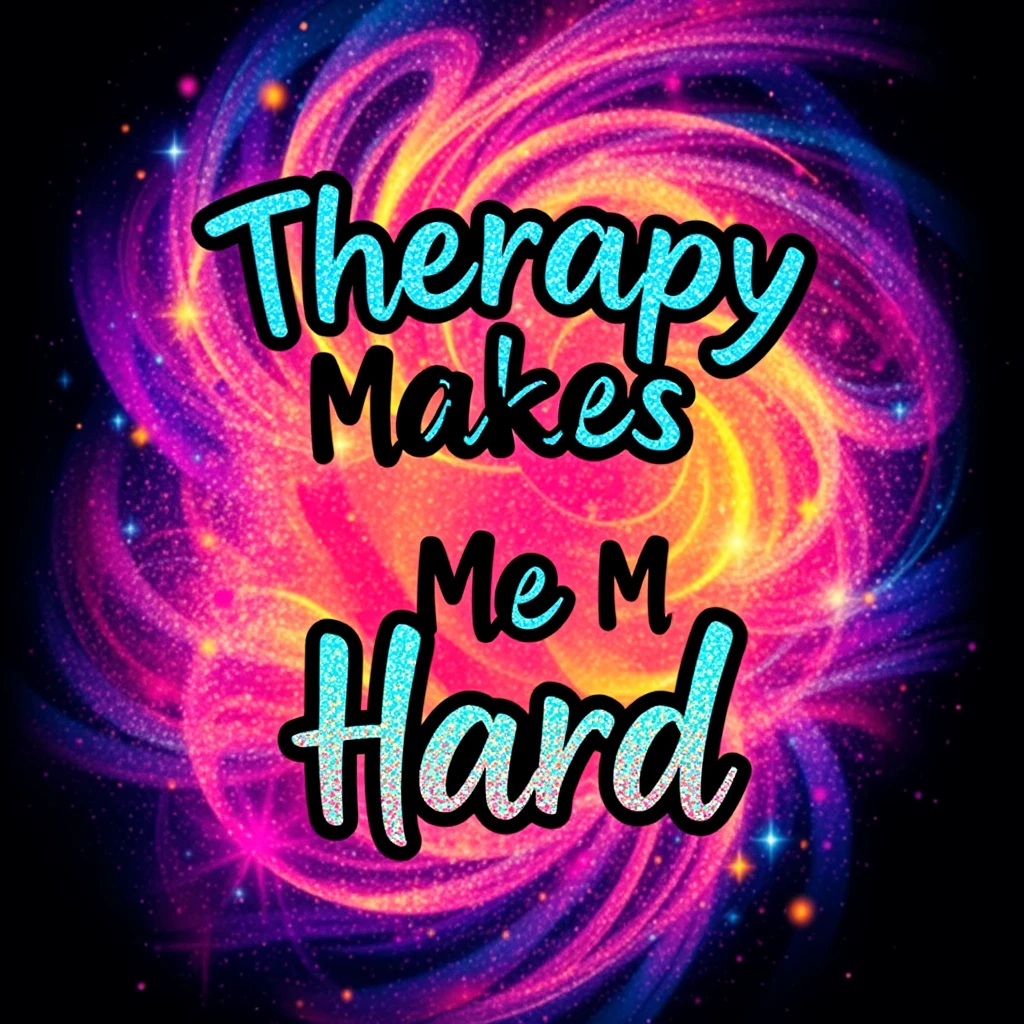 T-shirt design of fantastic vibrant glittery with an iridescent effect but ethereal text that says "Therapy Makes Me Hard" swirled vibrant colors with a colorful galaxy in the background. - Image