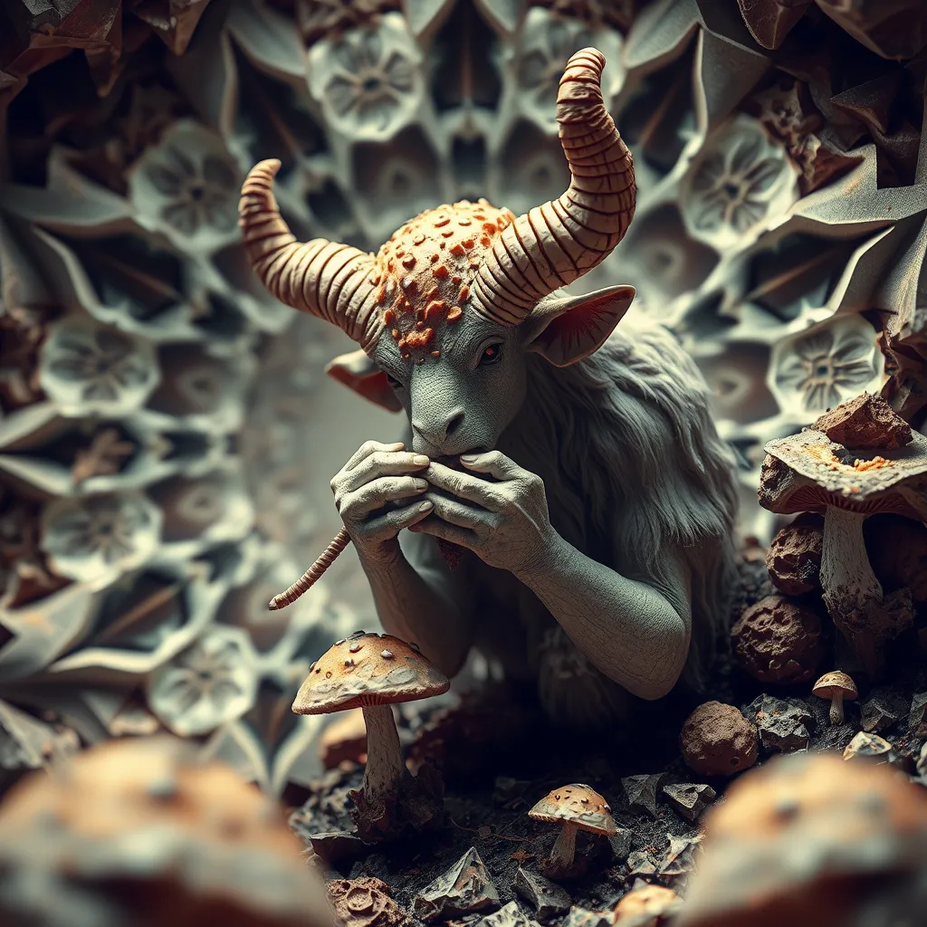 Satyr eating mushrooms and breaking through to another dimension full of geometric fractal patterns, HD photography.