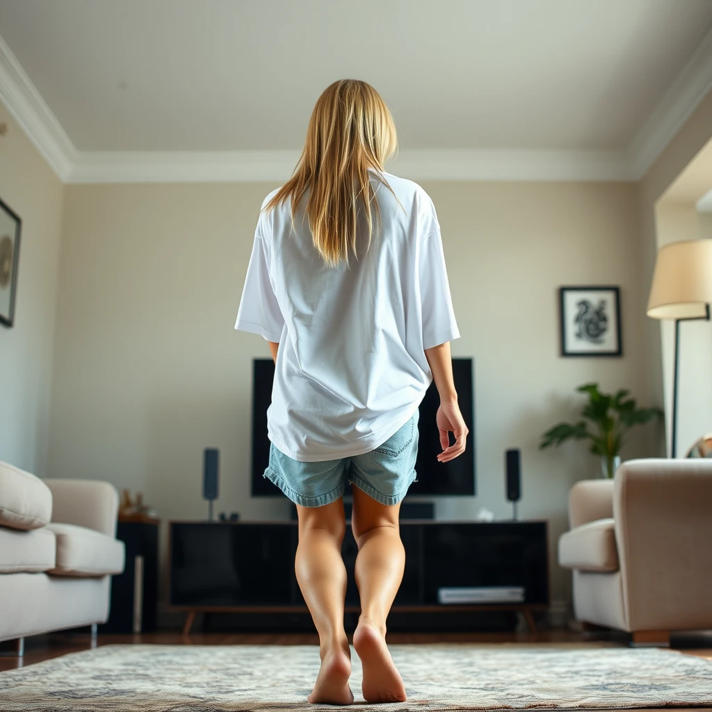 Side view and distant footage of a slender blonde woman in her spacious living room, wearing an extremely oversized white t-shirt that hangs unevenly on one shoulder, along with oversized light blue denim shorts. She is barefoot and facing her TV, and she dives headfirst into it.