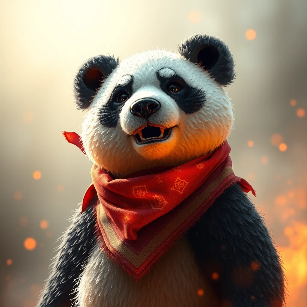 A big crunchy soy panda bear with a bandana made of radiant fiery light.