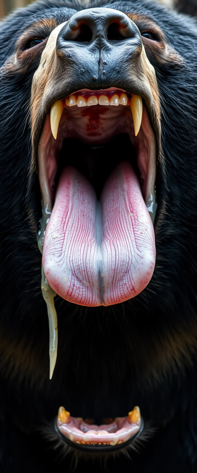 The black bear opened its mouth, which is very large, revealing sharp teeth that are quite pointed. Its tongue is wet with a lot of saliva, filling the entire mouth with saliva that is mostly white with specks of yellow and red. The fur is damp, and the veins in the oral cavity can be seen, along with multiple tongues, detailing the insides of the throat. - Image