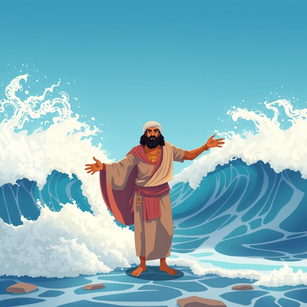 An ancient Arabian man split the sea into two parts so that the waves were very high to the left and right, animation.