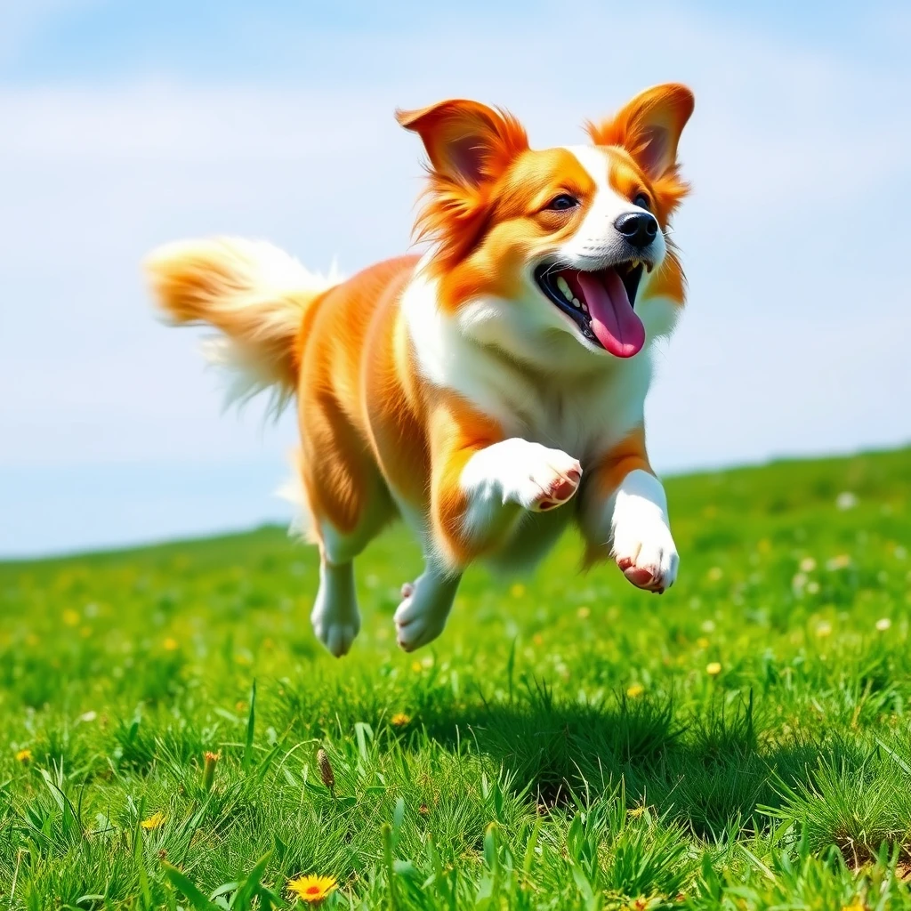 Create a GIF of a joyful dog running energetically on a lush, green grassy field. The dog should be full of life and excitement, with its fur flowing in the wind and its paws lifting off the ground as it runs. The background should be a vibrant green meadow, with clear blue skies above and a sense of freedom and happiness.