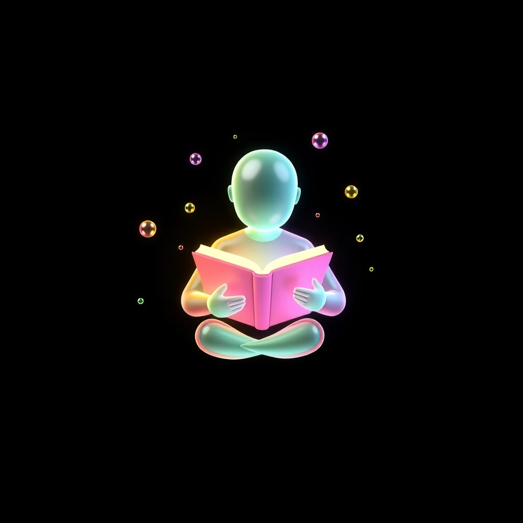 prompt: holographic man reading book icon, 3d render, floating in black background, simple design, minimalistic design, cute, colorful, gradient color, high resolution, hyper realistic - Image