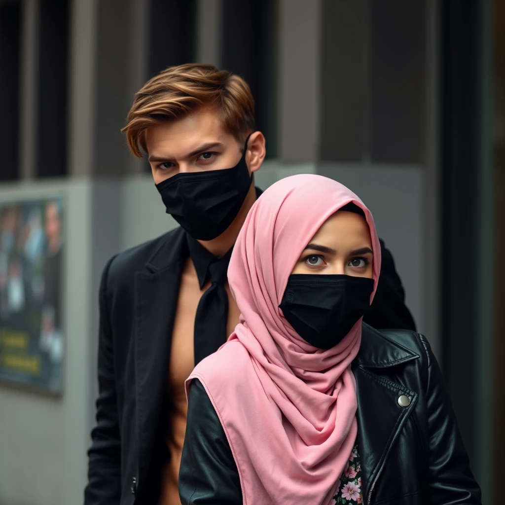 Jamie Dornan's head and body shot, handsome, young, face mask black, black coat suit unbuttoned, dating love with the biggest soft pink hijab girl, beautiful eyes, black leather jacket, face mask black, biggest floral skirt, hyper realistic, street photography. - Image