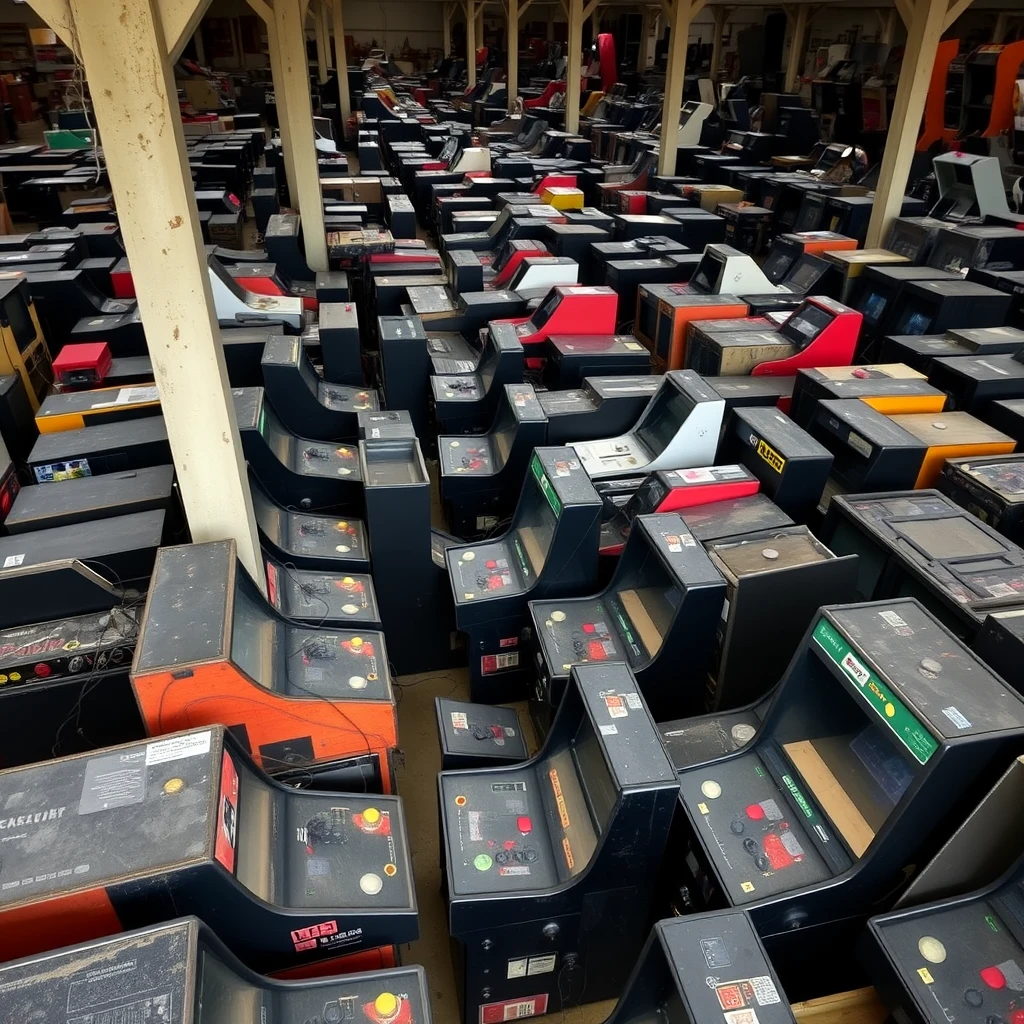 Photograph of an old warehouse with rows and rows of old arcade machines. The machines are packed in. All types and colors of machines. Some taken apart with wires. Dust on the machines. many of the machines are black, but some are other colors. They have control panels with joysticks and buttons. The photo is taken from above, at an angle, looking down.