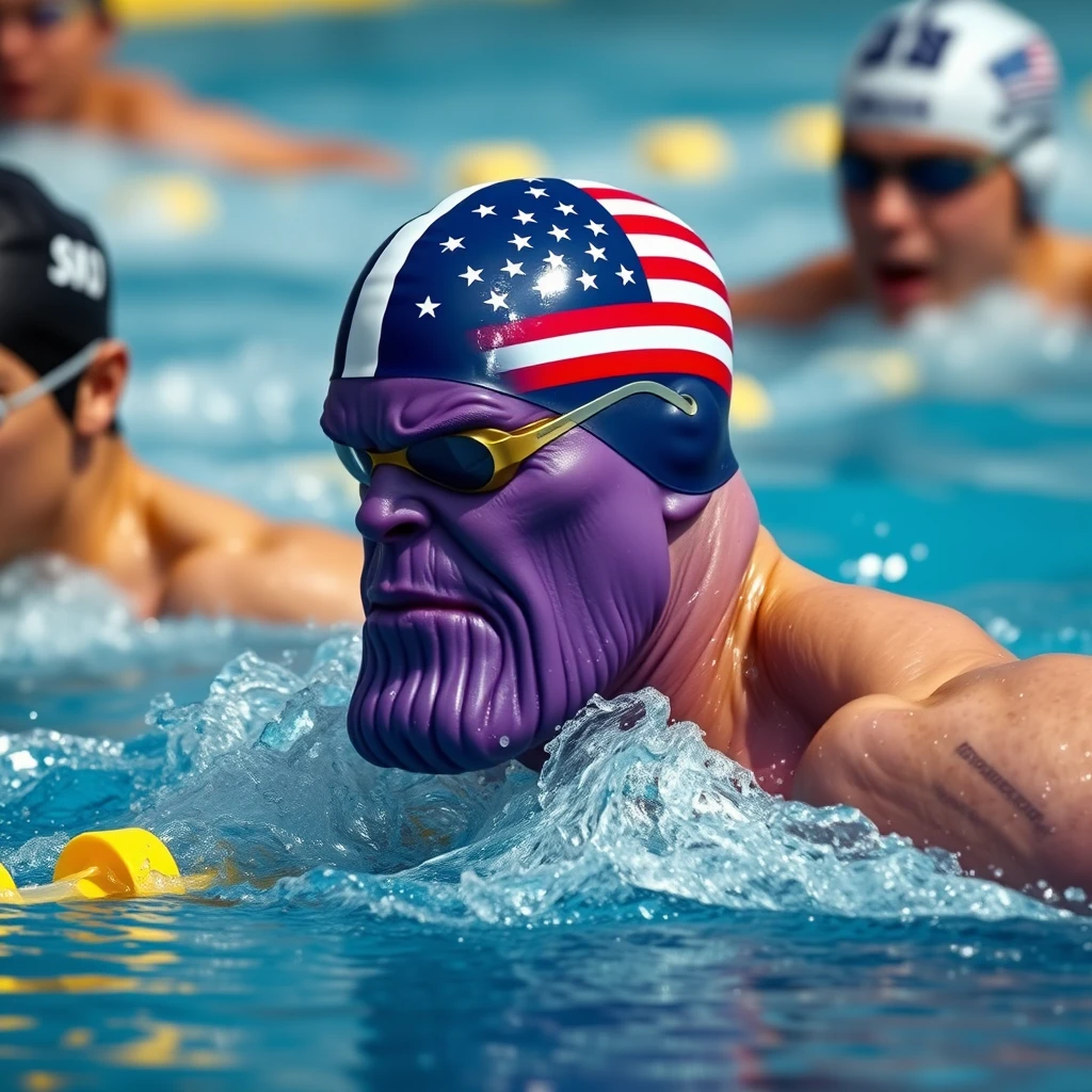 "Only the purple-headed Thanos is competing against others in a swimming race, wearing a swimming cap with the American flag, in a realistic style, swimming action." - Image