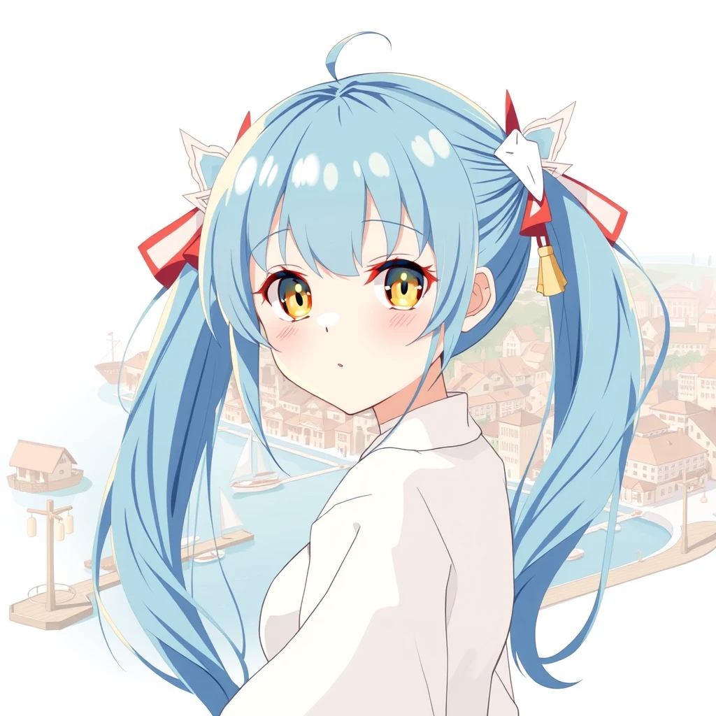 masterpiece, best quality, flat color, official art, white theme, (ultra-detailed), (illustration), (an extremely delicate and beautiful harbor city), (an extremely delicate and beautiful girl with golden pupils), (+++++(blue hair)//), four ponytails, (long shot:1.3), (golden eyes:1.3), (++++++(low twintails:1.6)//), super fucking beautiful, ++++(very long sleeves)//