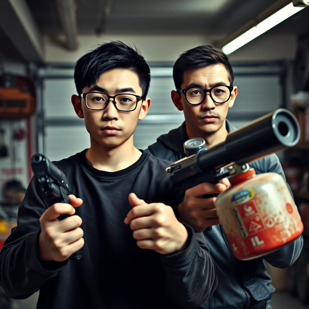 21-year-old white thin long-faced young northern Chinese man with a square chin, wearing square glasses, holding a pistol, "neck-length hair"; 21-year-old white Italian man wearing round glasses and short hair, holding a very large fire extinguisher flamethrower; garage setting; both angry.