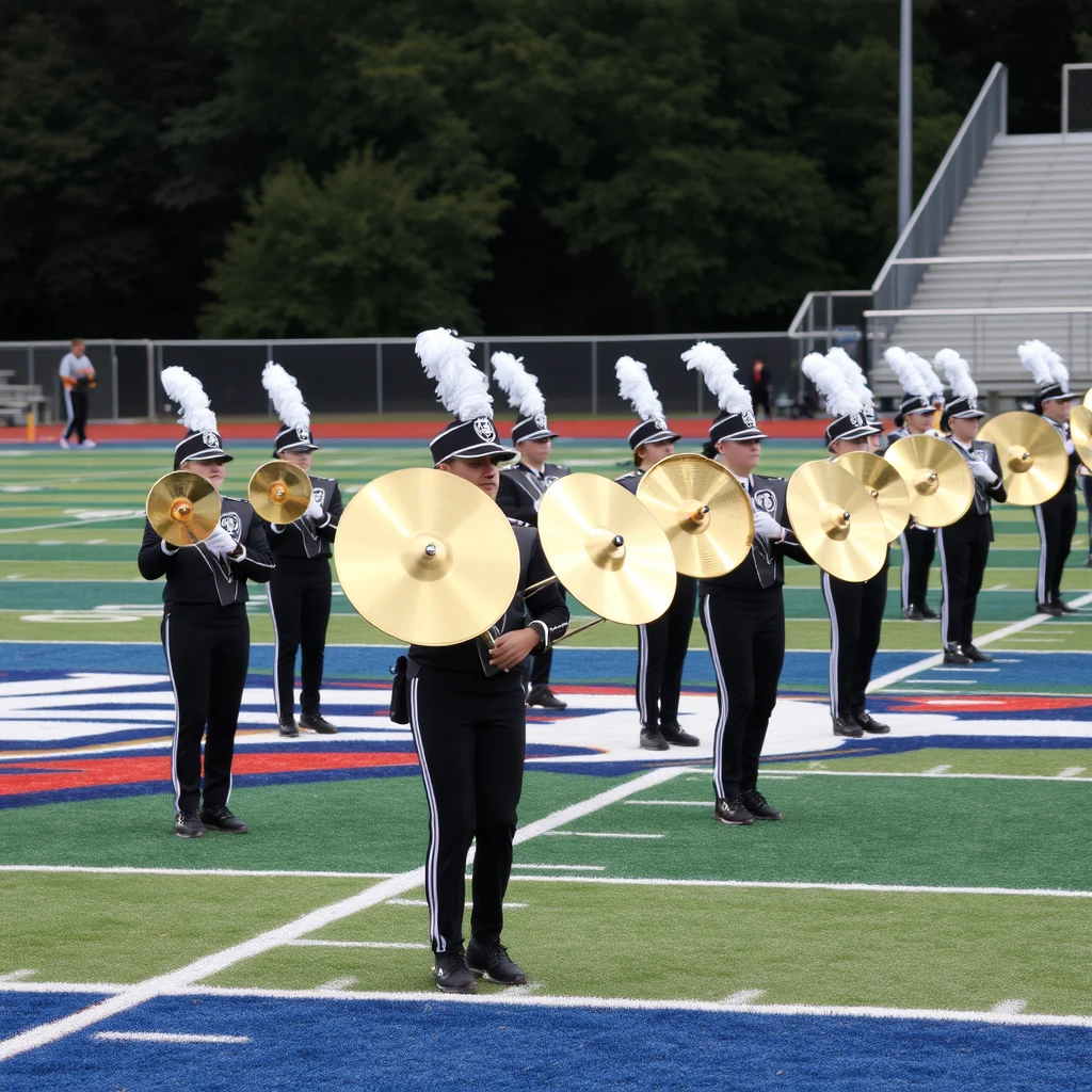 High school band cymbal players on football field