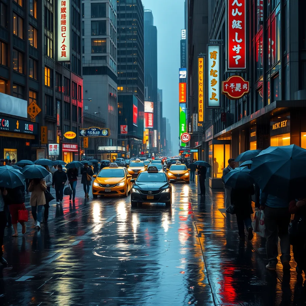 Scene: Depict a bustling city street during a light rain shower. The pavement should be slick and reflective, capturing the glow of neon signs and streetlights.  
Foreground: Show pedestrians carrying umbrellas, some huddled together, others rushing to find shelter.  
Buildings: Include tall, urban buildings with illuminated windows and signs, creating a lively yet slightly melancholic atmosphere.  
Vehicles: Feature cars and taxis splashing through puddles, their headlights piercing the rain.  
Color Palette: Use a mix of cool blues and grays for the rainy ambiance, contrasted by warm yellows and reds from the lights.  
Mood: Convey a sense of movement and life amidst the quiet solitude that rain can bring to a city.