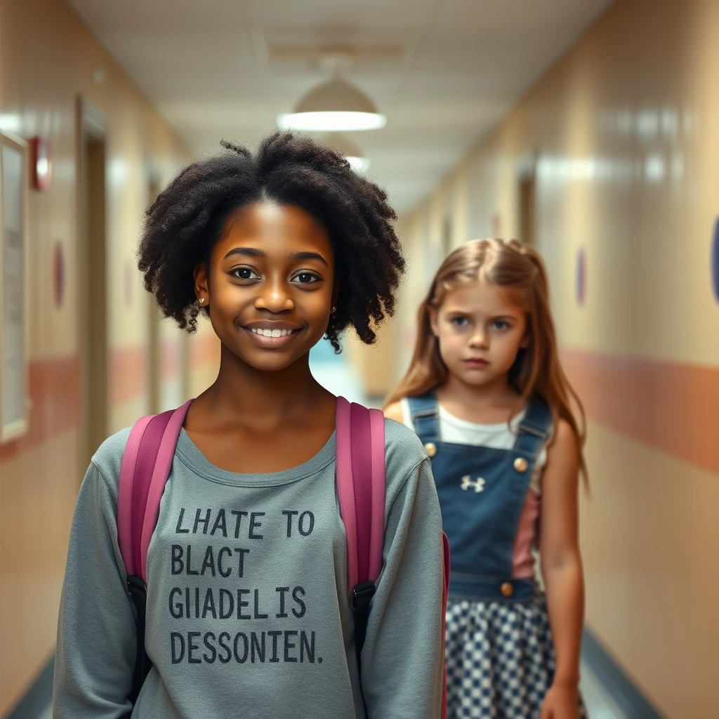 A beautiful African-American female student standing in a school hallway. A white girl is standing next to her with a fearful, subservient expression.