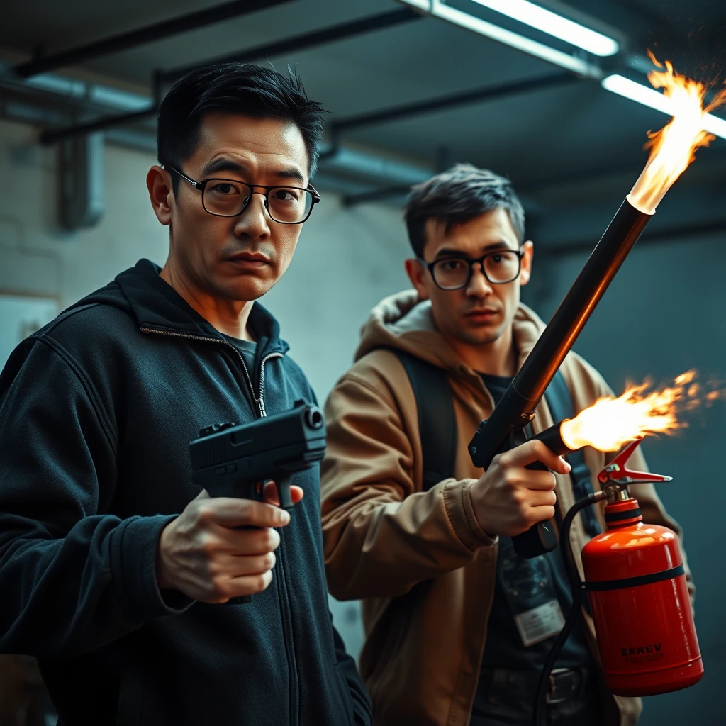 21-year-old white thin long-faced northern Chinese man with a square chin, wearing square glasses and holding a pistol; 21-year-old white Italian man wearing round glasses and short hair, holding a very large fire extinguisher flamethrower; garage setting; both angry.