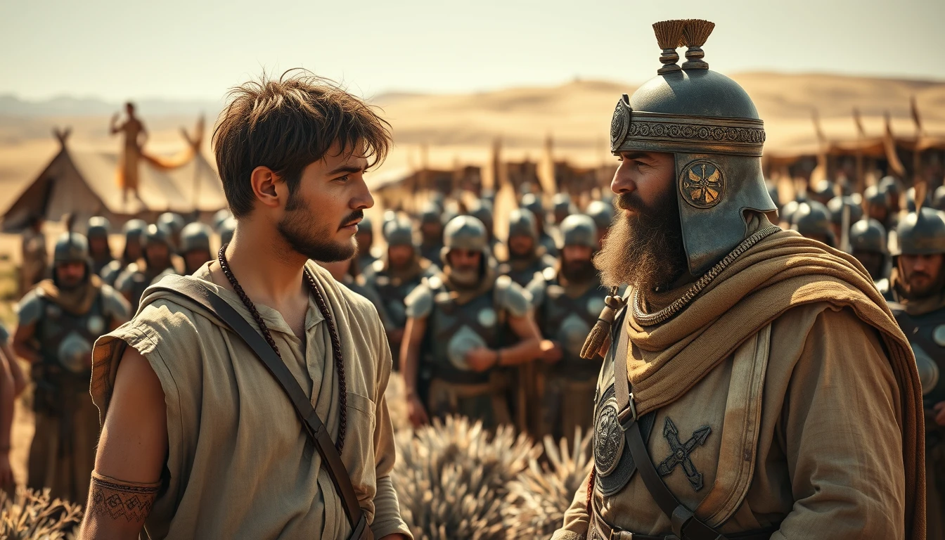 Two men are arguing. One is a young man, with messy hair and a short beard. The other is a middle-aged Mesopotamian king. The young man looks at the king in disbelief and gestures towards him. The young man is dressed in simple shepherd's attire from the biblical era. The middle-aged king is dressed as a soldier from the Bronze Age. Both men are surrounded by a diverse group of men in ancient biblical Bronze Age soldier armor. In the background, there are Arabic army tents pitched on desert shrubland. In the distant horizon stands another army, armed and ready to fight. The lighting is dramatic. - Image