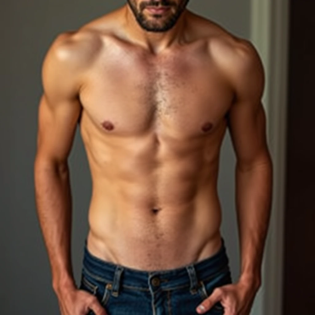 Portrait of a guy, shirtless, low jeans, boxers visible. - Image