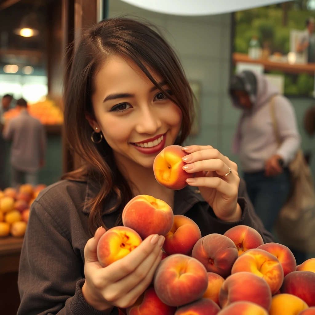 showcase,1 woman,eating peach,a lot of peaches around,smile,squart