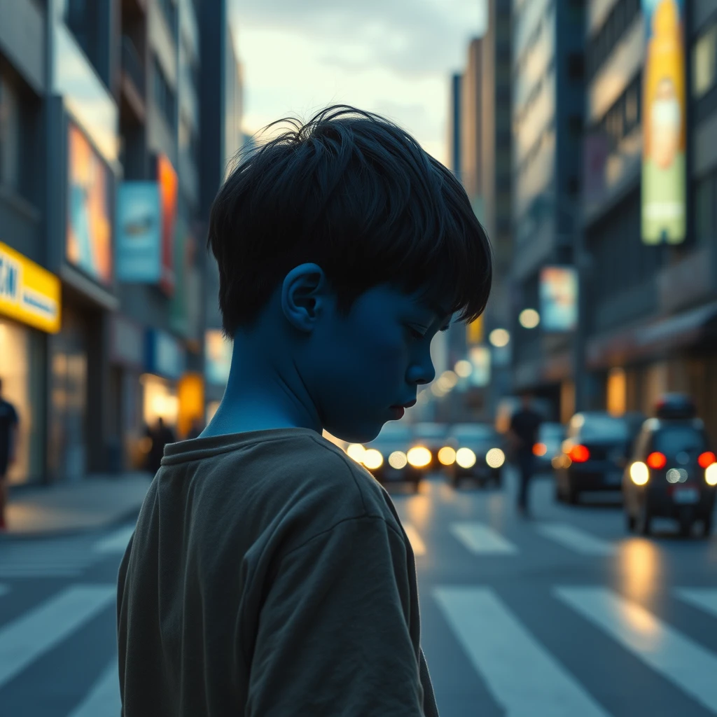 At dusk, a boy with deep blue skin walks down a busy city street with his head down. No one noticed him. photorealistic, 8K.