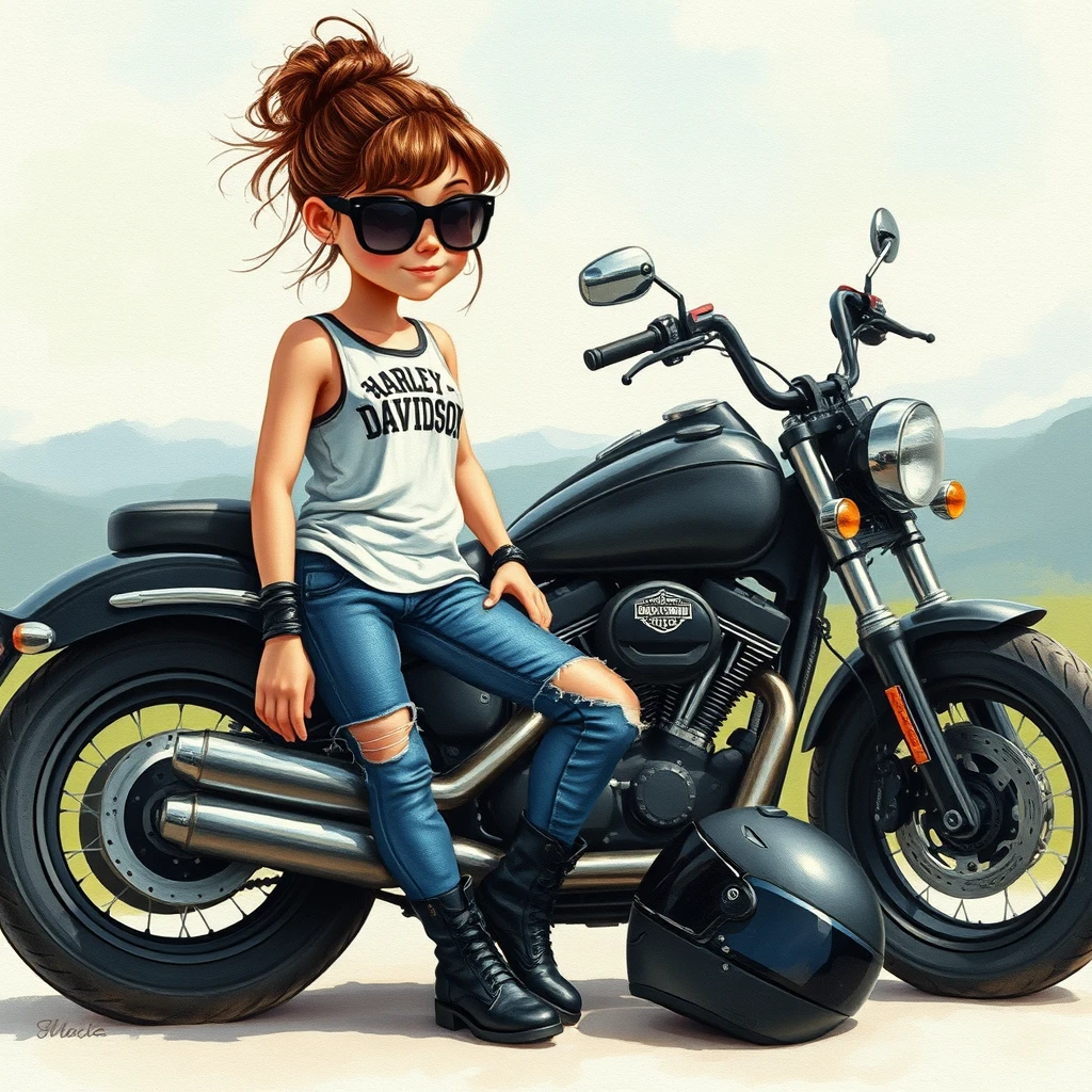 Hyper detailed soft pastel watercolors and alcohol ink of a whimsical little sweet blonde leaning up against her black motorcycle, wearing blue ripped jeans and a Harley Davidson white tank top, black riding boots, hair in a messy bun dark brown in color, black sunglasses, has a little attitude, and her black motorcycle helmet is on the ground beside her black motorcycle, soft scenery background, textured painterly on canvas, animated movie image, 3D, HD.