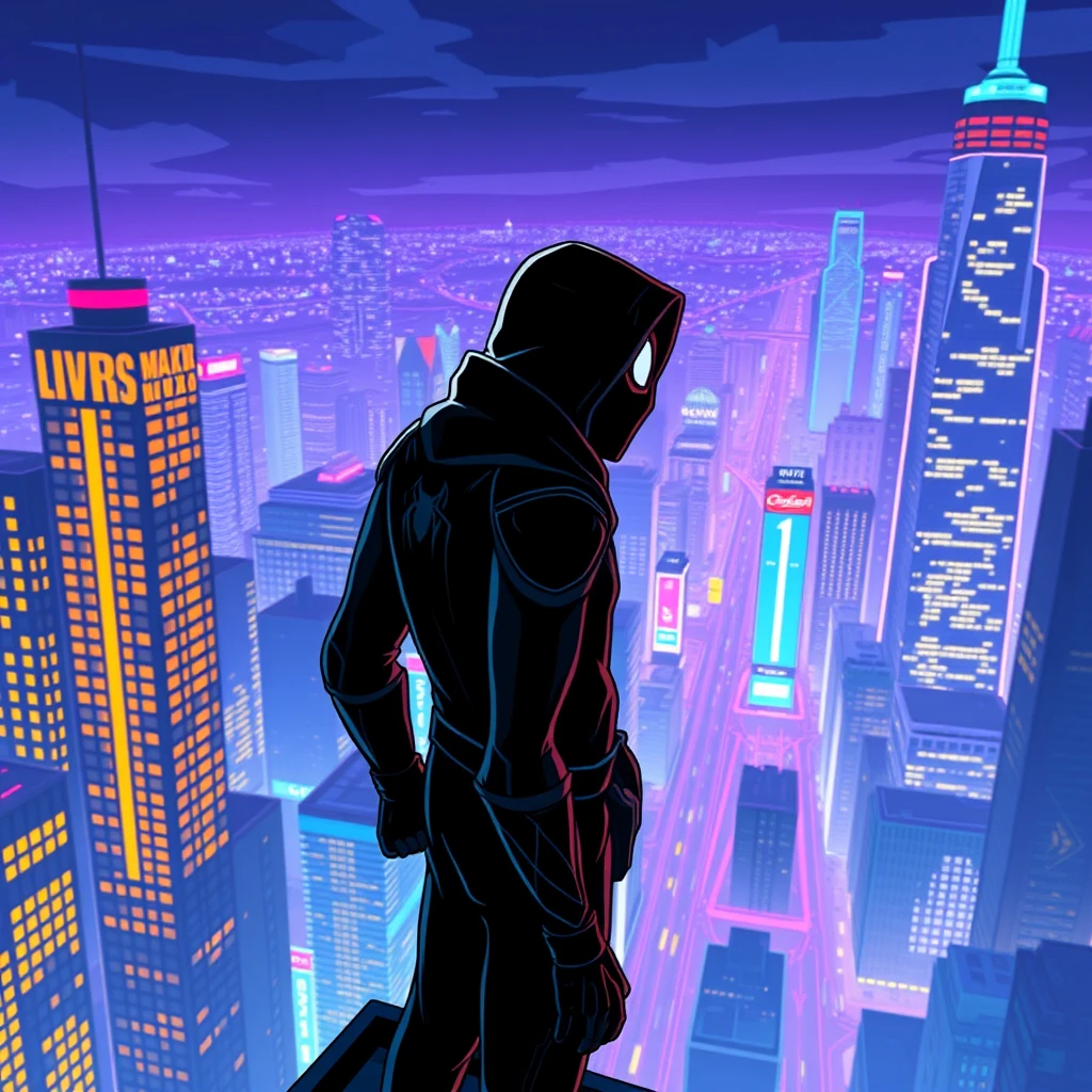 A mysterious guy wearing a black ninja-like suit in a neon city, from a high building looking at the city, in the art style of Spider-Man: Into the Spider-Verse.