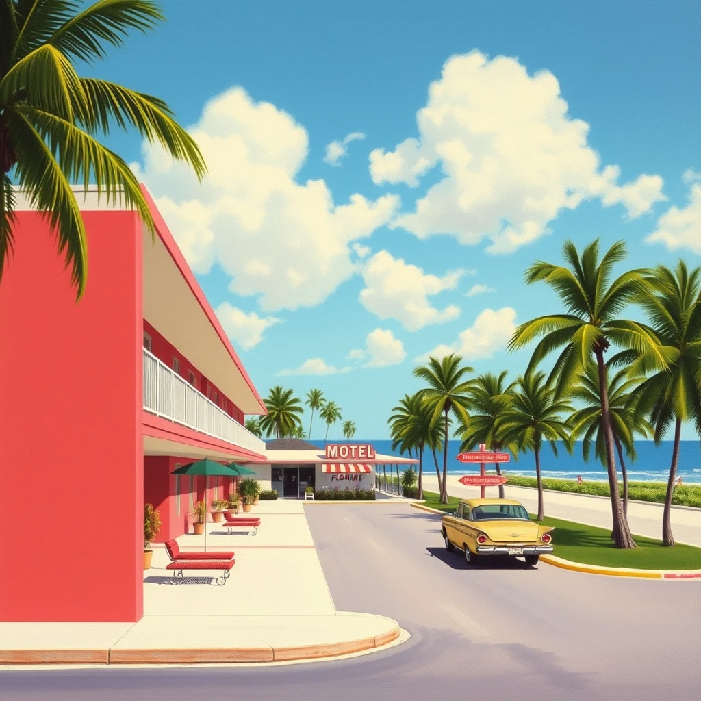 A Miami, Florida motel postcard from 1956, as painted by Arthur Sarnoff, wide, landscape view.