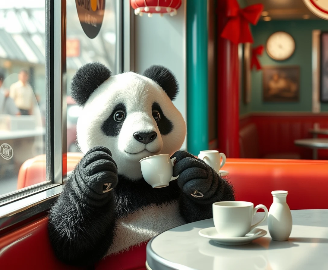 panda at a 1950's diner drinking tea, waitress,