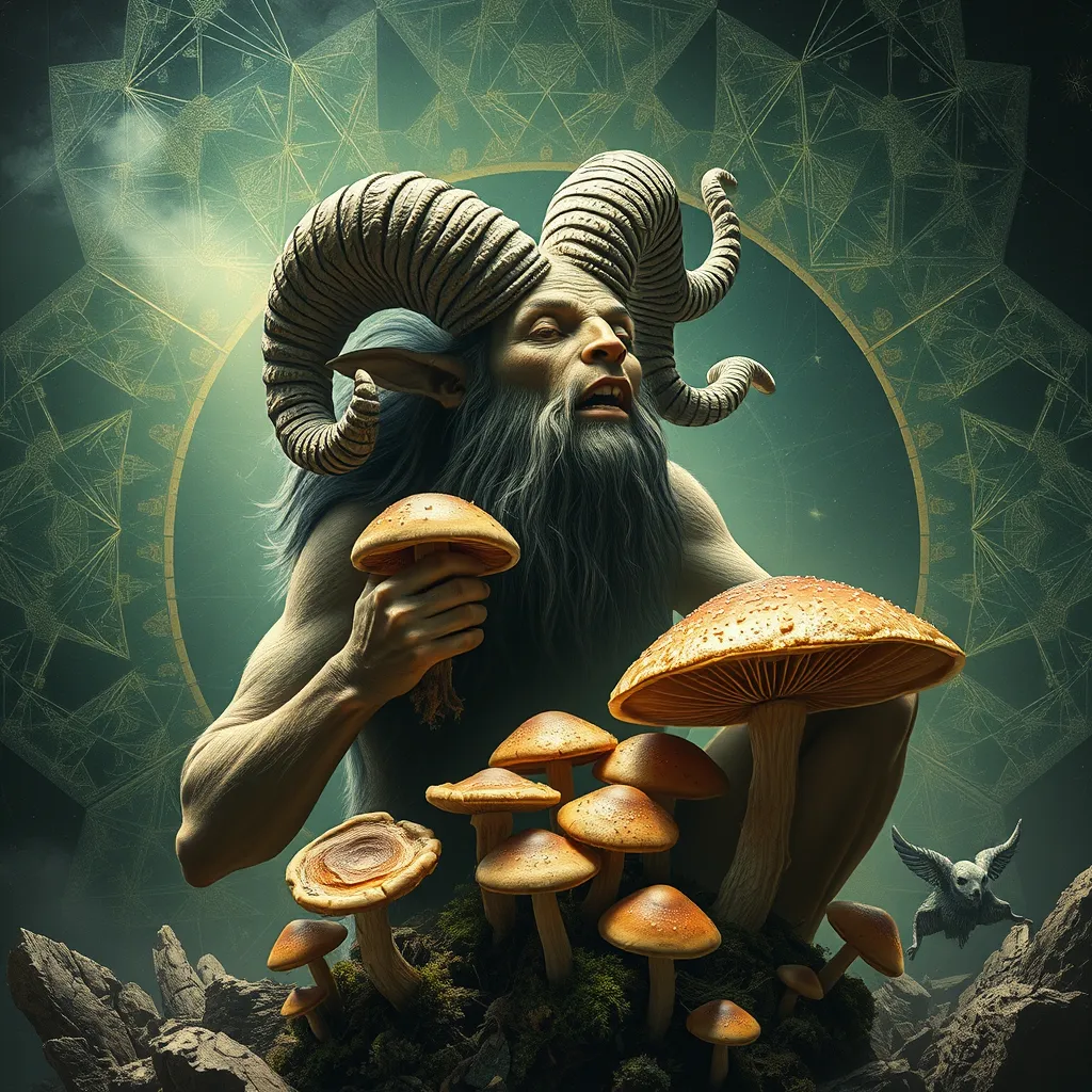 satyr eating mushrooms and breaking through to another dimension full of geometric fractal patterns, hd photography - Image