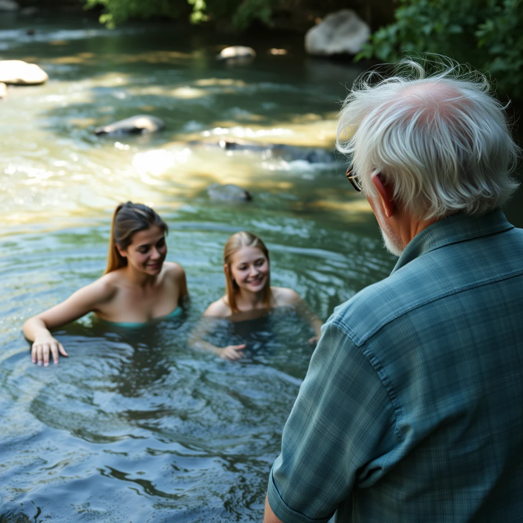 Old man watching white teen girls bathing in a river - Image