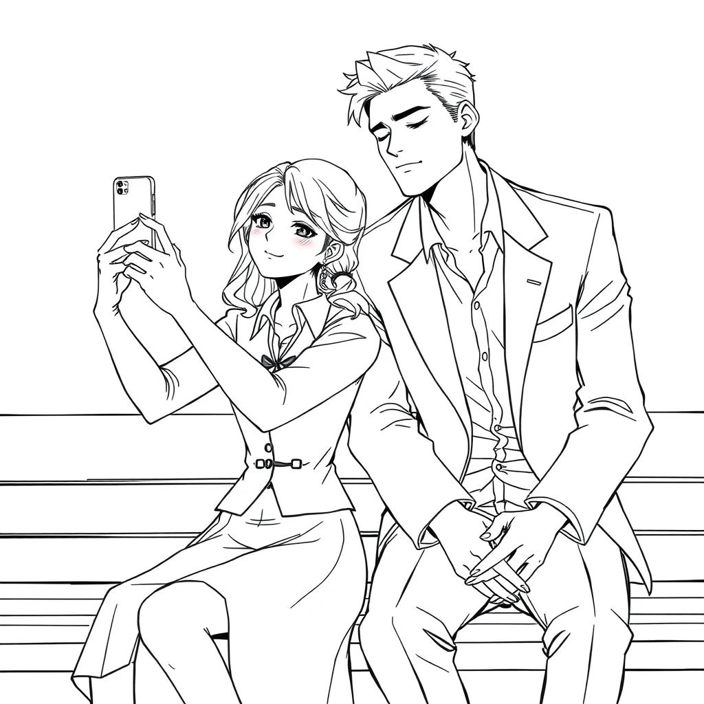 A girl in a shirt and vest and a skirt took a selfie with her phone. A boy leaned on her shoulder; he is tall and handsome, wearing an open suit. He closed his eyes and is sleeping, and they sat on a bench with their hands clasped. Line art. - Image