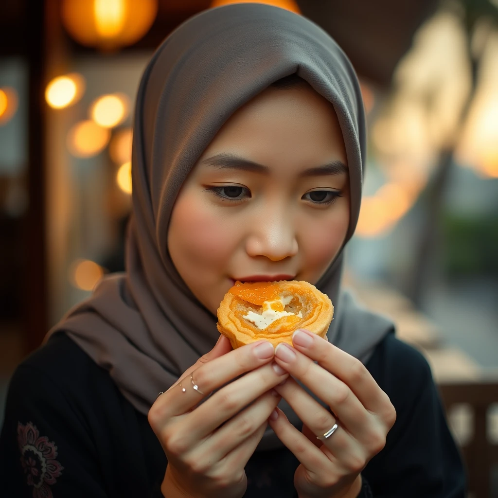 A Japanese beautiful hijab girl, eating curry puff, intricate detail, bokeh, golden hour.