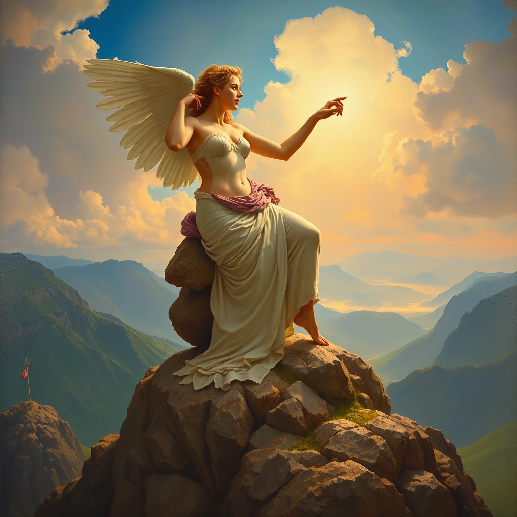 Goddess on the mountaintop, highly detailed fantasy intricate oil on canvas very attractive beautiful high definition colourful sensual seductive Fantastic Realism William-Adolphe Bouguereau Jean-Auguste-Dominique Ingres Jules Joseph Lefebvre Jean-Léon Gérôme academic painting.