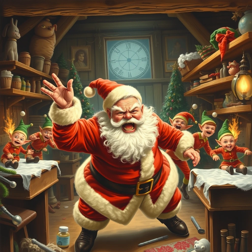 Santa is mad again and rampaging through the workshop, elves are running away in terror, a painting by Arthur Sarnoff.