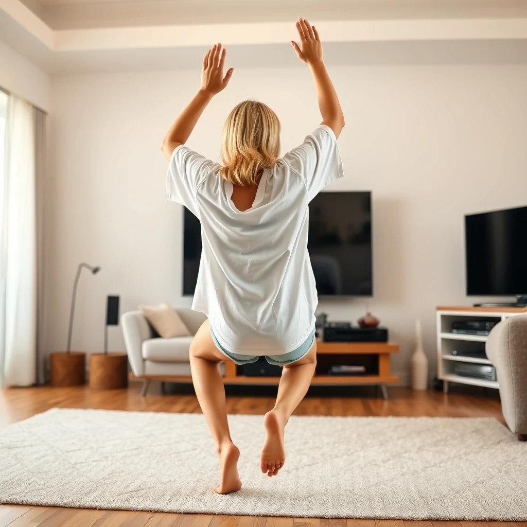 Side view angle of a slim blonde woman in her spacious living room, wearing an excessively oversized white t-shirt that is very unbalanced on one of the sleeves and oversized light blue denim shorts. She is barefoot and facing her TV, diving headfirst into it with both arms raised under her head and her legs elevated high in the air at a 60-degree angle, already halfway through the TV screen. - Image