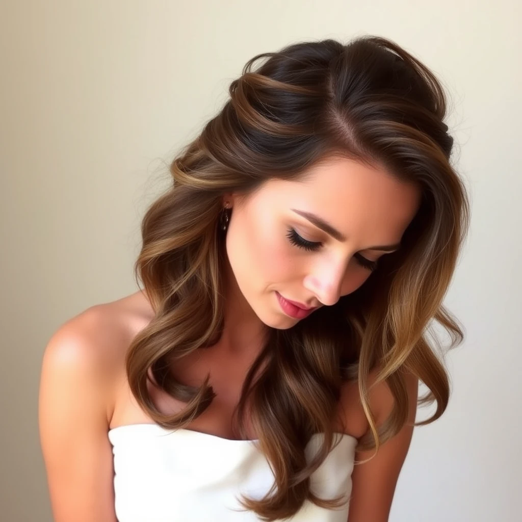 The image features a woman with her hair styled in loose waves, wearing a strapless white dress against a neutral background. - Image