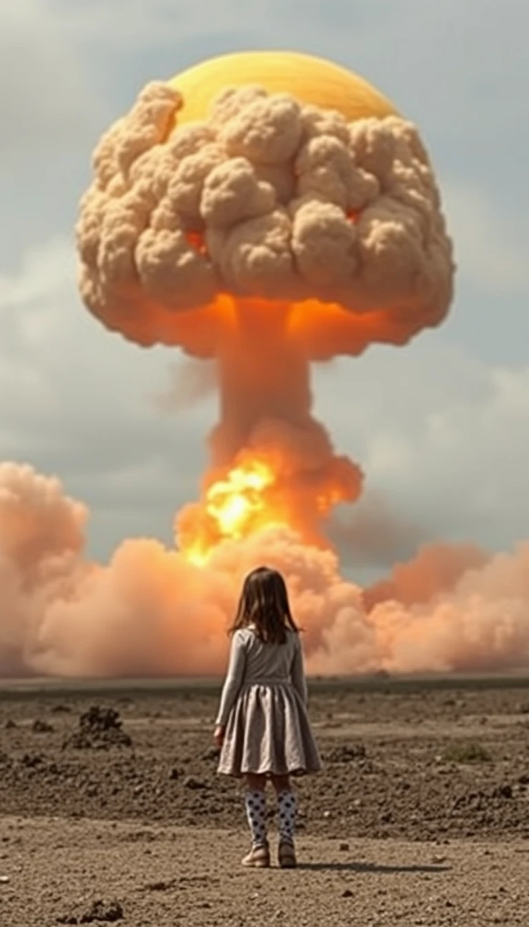 "A girl stands next to a nuclear bomb." - Image