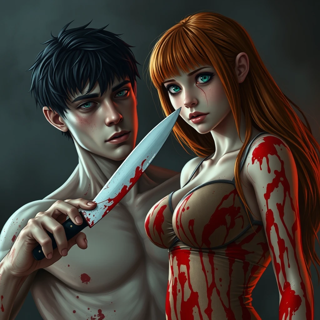 A horror scene; a short, skinny teenage girl with long ginger hair and bangs, green eyes, and big breasts is stabbing a tall, pale young white guy with black hair and black eyes with a knife. Both of them are covered in blood.