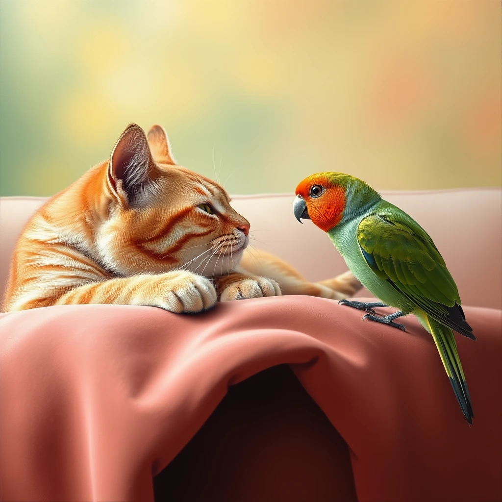 A high quality smooth oil painting of a close-up interaction between a ginger tabby cat and a green-pied lovebird. The cat is resting its head on a rose gold velvet throw blanket on a couch, looking intently at the lovebird. The lovebird, perched on the blanket, faces the cat with wide, curious eyes. The background is a soft, blurred gradient of green-yellow-peach and rose gold, creating a peaceful, elegant setting. The overall lighting is gentle and natural, enhancing the serene and intimate moment between the two animals. Smooth oil painting finish. - Image