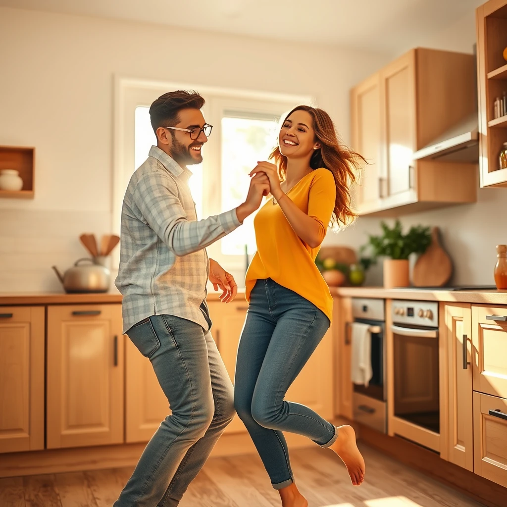 A joyful couple, beaming with bright smiles and sparkling eyes, share a carefree moment in a cozy kitchen, surrounded by warm beige cabinets and sleek countertops, as they twirl and sway to the rhythm of their own happy tune, bathed in the soft, golden glow of morning sunlight streaming through the window, casting a warm, inviting ambiance, with vibrant hues of turquoise, yellow, and orange popping against the crisp white walls, their relaxed, effortless dance moves frozen in time, as if captured in a candid snapshot, exuding an infectious energy and playful chemistry, perfect for an Instagram Reels cover that radiates warmth, joy, and the beauty of everyday moments. - Image