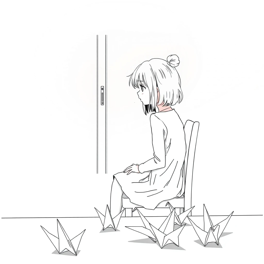 A girl sits on the chair, sadly looking out of the window. There are origami cranes on the table, pure line art.