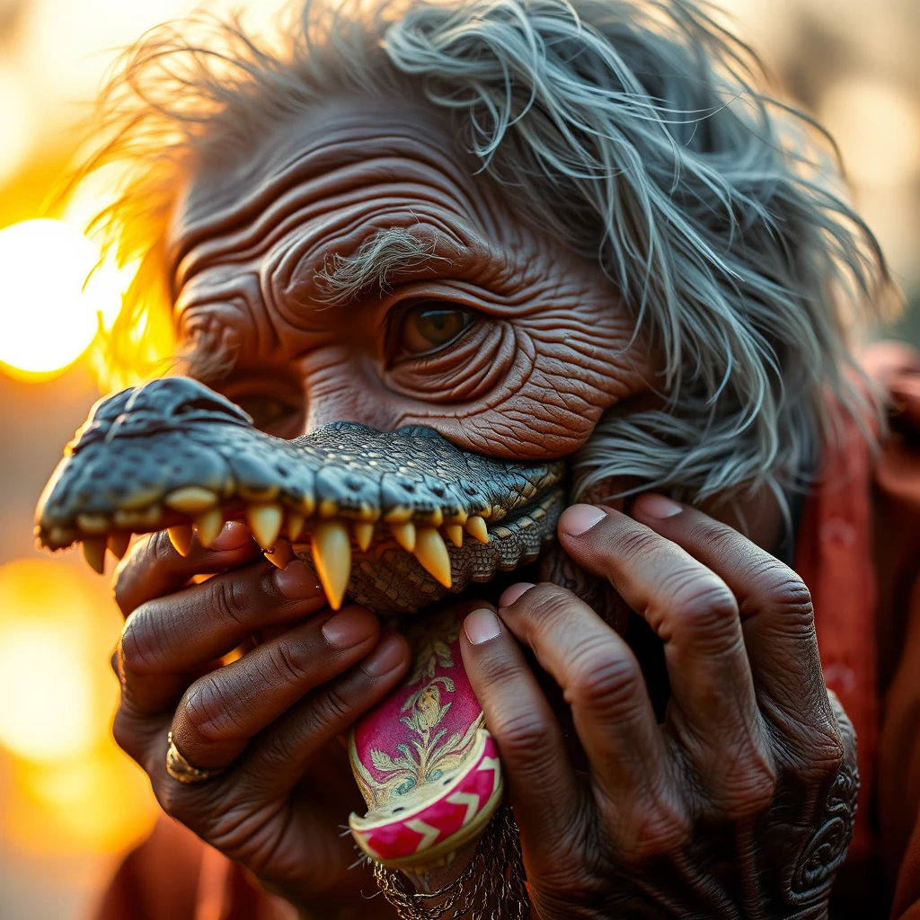 a Malay old man, bites crocodile, intricate detail, bokeh, golden hour